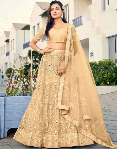 Light Peach Lehenga style Blouse Semi-Stitched Heavy Designer Lehenga Choli Salwar Kameez in Embroidery, Daimonds, Real Mirror & Lace Work