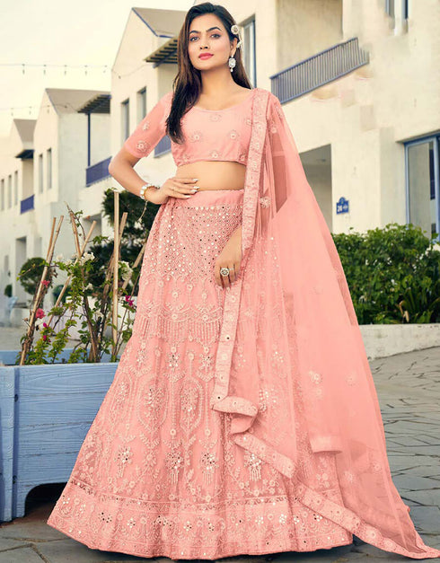 Peach Puff Lehenga style Blouse Semi-Stitched Heavy Designer Lehenga Choli Salwar Kameez in Embroidery, Daimonds, Real Mirror & Lace Work