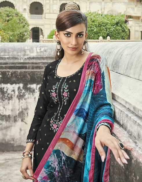 Exquisite Classic Embroidery Salwar Suit Black Pure Bemberg Silk Pant Straight Close-up View