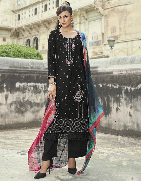 Exquisite Classic Embroidery Salwar Suit Black Pure Bemberg Silk Pant Straight Front View