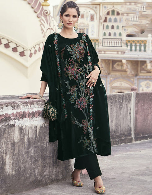 Designer Heavy Designer Embroidery Salwar Suit Racing Green Velvet Pant Straight Front View