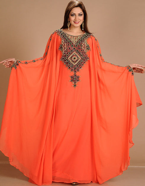 Muslim Orange Georgette Hand Embroidery Party Wear Kaftan