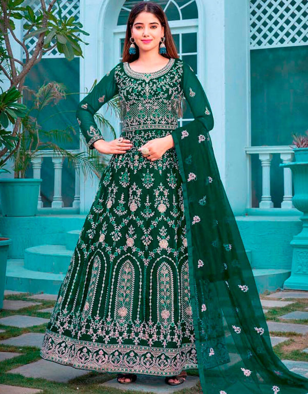 Sherwood Green Pant style Anarkali Butterfly Net Salwar Kameez in Cording Embroidery & Lace Work