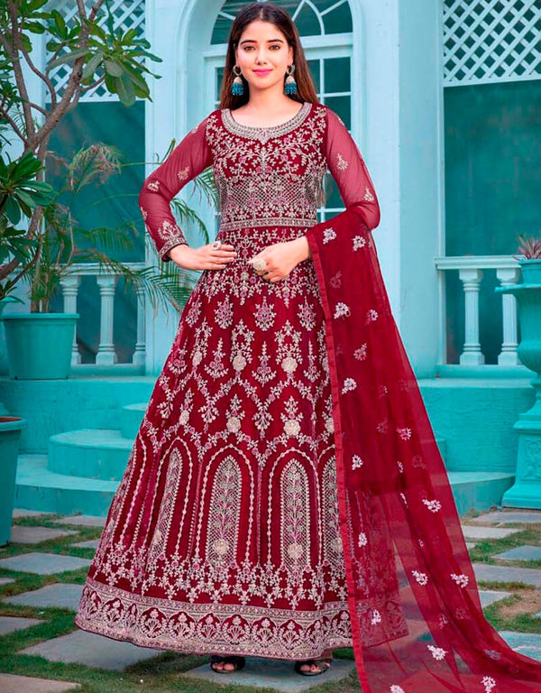 Red Wine Pant style Anarkali Butterfly Net Salwar Kameez in Cording Embroidery & Lace Work