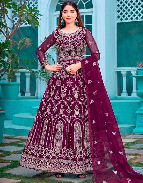 Velvet Pant style Anarkali Butterfly Net Salwar Kameez in Cording Embroidery & Lace Work