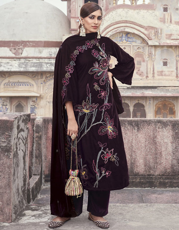 Designer Heavy Designer Embroidery Salwar Suit Dark Maroon Velvet Pant Straight Front View
