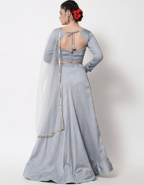 Grey Cotton Lehenga Choli Closure View