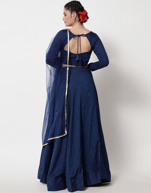 Navy Blue Cotton Lehenga Choli Closure View