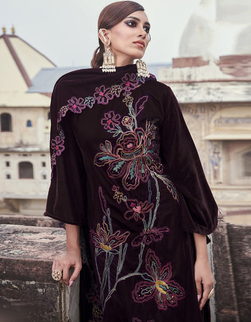 Designer Heavy Designer Embroidery Salwar Suit Dark Maroon Velvet Pant Straight Close-up View