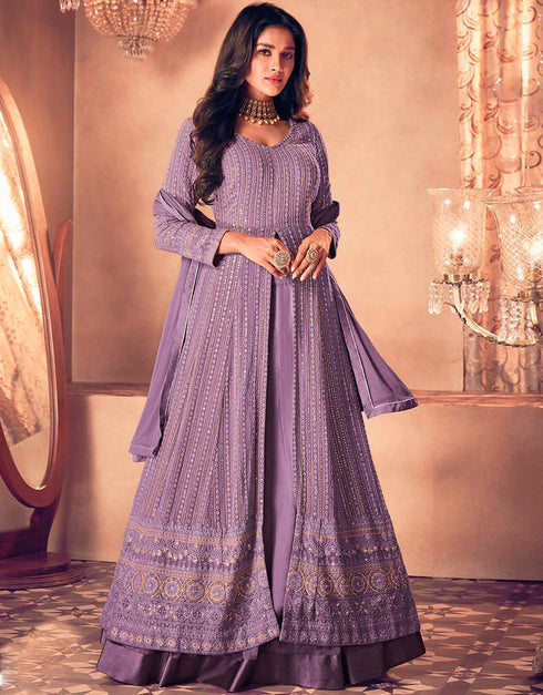 Faded Purple Pant style Anarkali Semi-Stitched Heavy Designer Salwar Kameez Salwar Kameez in Embroidery, Sequins & Lace Work