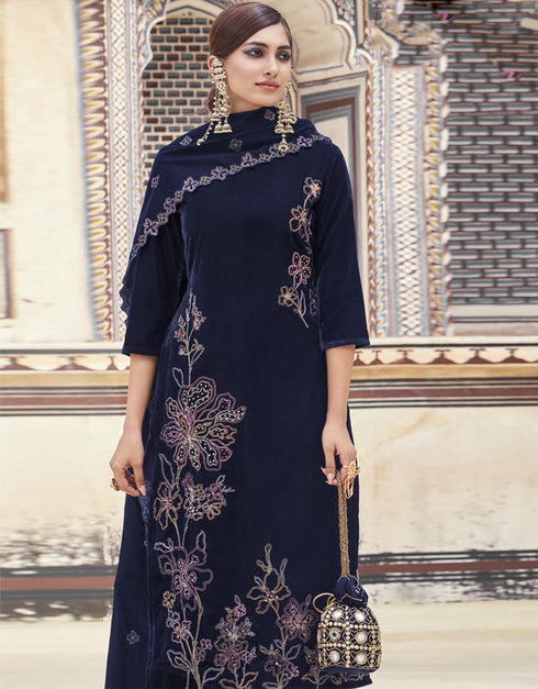 Designer Heavy Designer Embroidery Salwar Suit Dark Blue Velvet Pant Straight Close-up View