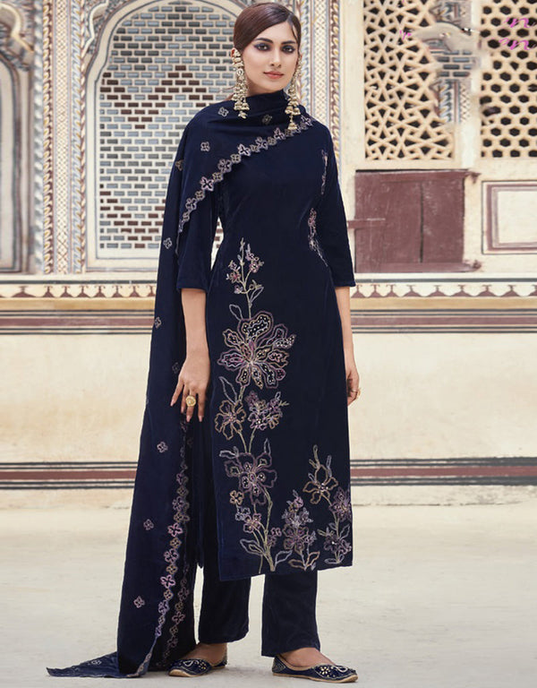 Designer Heavy Designer Embroidery Salwar Suit Dark Blue Velvet Pant Straight Front View