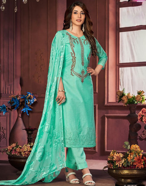 Seafoam Blue Pant style Straight Maslin Dyed Salwar Kameez in Swarovski Embroidery, Print & Lace Work