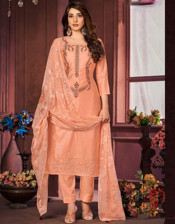 Coral Pink Pant style Straight Maslin Dyed Salwar Kameez in Swarovski Embroidery, Print & Lace Work