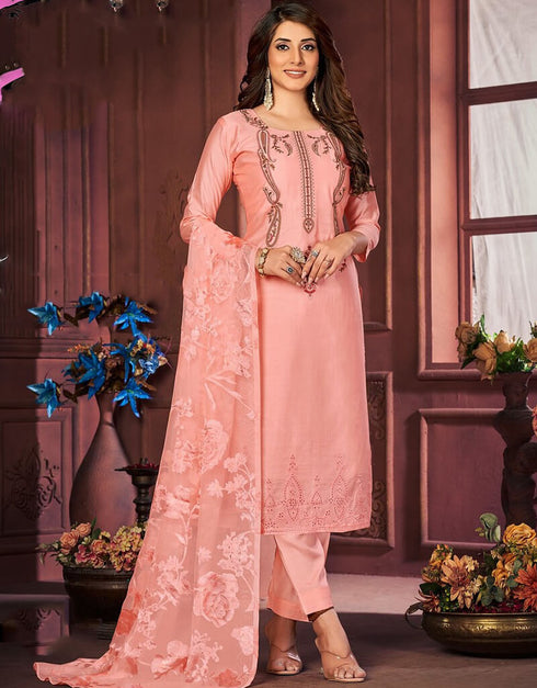 Sweet Pink Pant style Straight Maslin Dyed Salwar Kameez in Swarovski Embroidery, Print & Lace Work