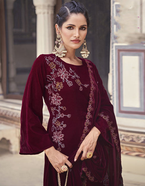 Designer Heavy Designer Embroidery Salwar Suit Dark Sienna Velvet Pant Straight Close-up View