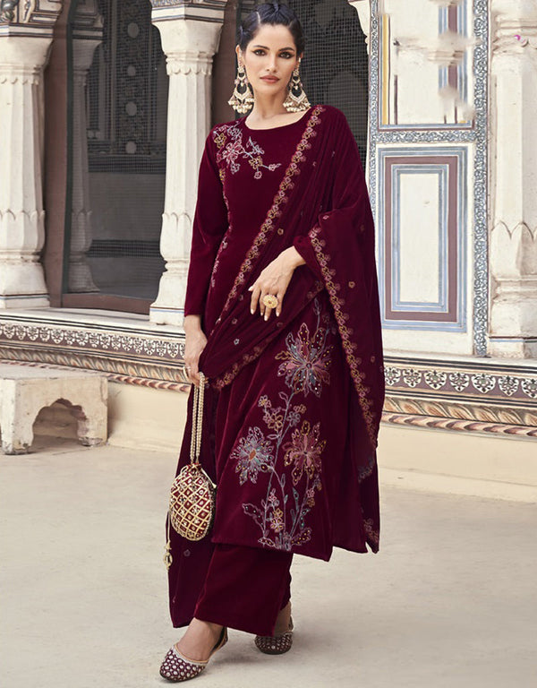 Designer Heavy Designer Embroidery Salwar Suit Dark Sienna Velvet Pant Straight Front View