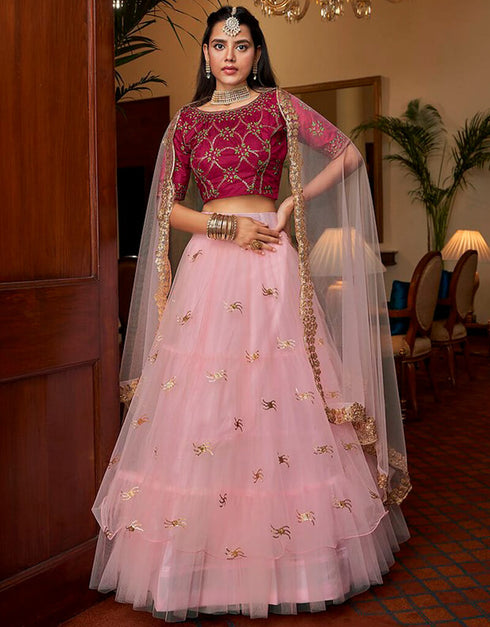 Pink Rose Lehenga style Choli Semi-Stitched Lehenga Choli Salwar Kameez in Embroidery, Sequins & Lace Work