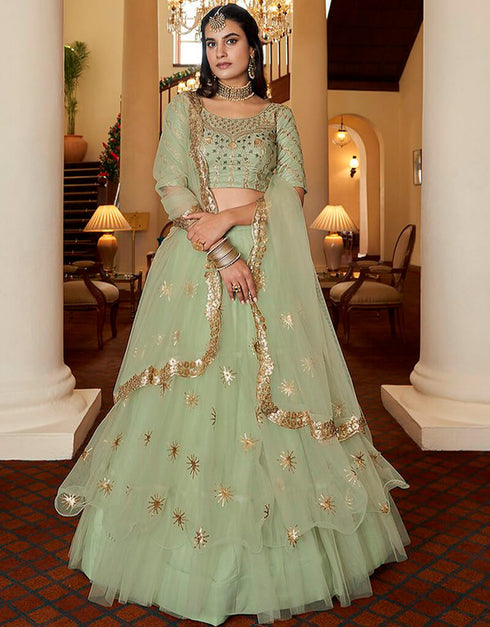 Greenish Grey Lehenga style Choli Semi-Stitched Lehenga Choli Salwar Kameez in Embroidery, Sequins & Lace Work