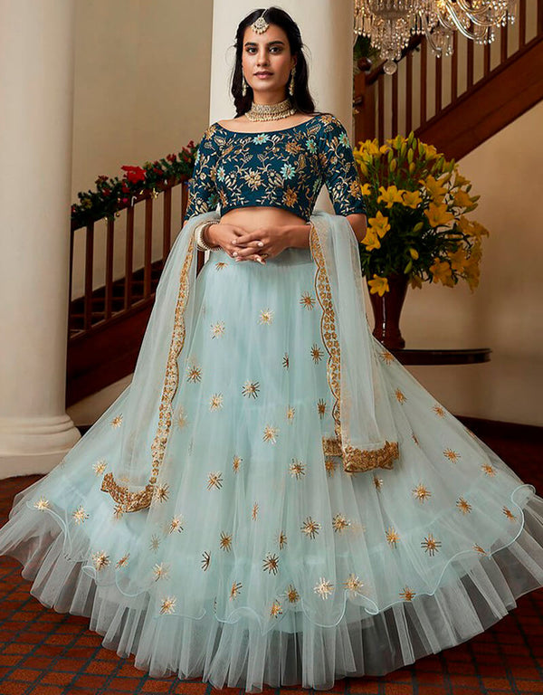 Cadet Blue Lehenga style Choli Semi-Stitched Lehenga Choli Salwar Kameez in Embroidery, Sequins & Lace Work
