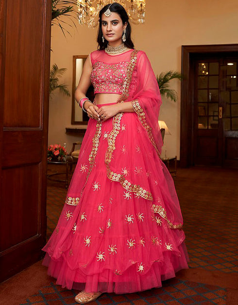 Faded Red Lehenga style Choli Semi-Stitched Lehenga Choli Salwar Kameez in Embroidery, Sequins & Lace Work