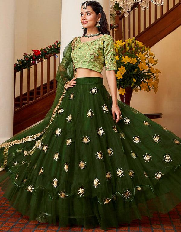 Forest Green Lehenga style Choli Semi-Stitched Lehenga Choli Salwar Kameez in Embroidery, Sequins & Lace Work
