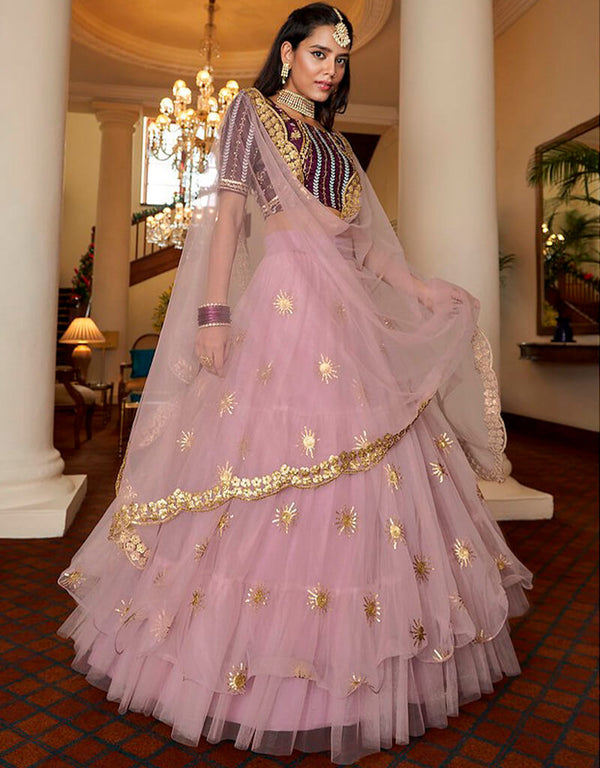 Thulian Pink Lehenga style Choli Semi-Stitched Lehenga Choli Salwar Kameez in Embroidery, Sequins & Lace Work