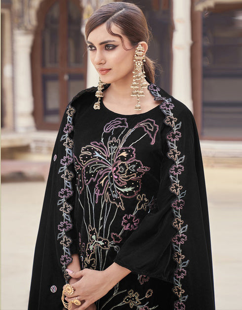 Designer Heavy Designer Embroidery Salwar Suit Onyx Velvet Pant Straight Close-up View