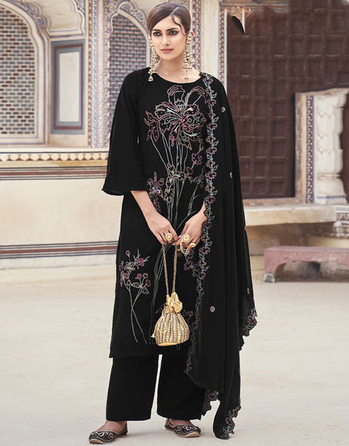 Designer Heavy Designer Embroidery Salwar Suit Onyx Velvet Pant Straight Front View