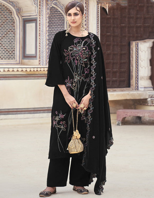 Designer Heavy Designer Embroidery Salwar Suit Onyx Velvet Pant Straight Front View