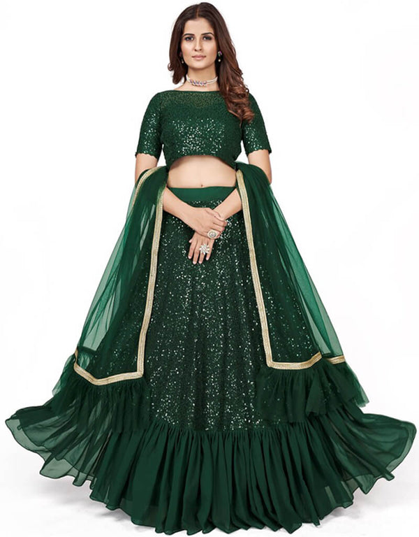 Mineral Green Lehenga style Choli Semi-Stitched Lehenga Choli Salwar Kameez in Embroidery, Sequins & Lace Work