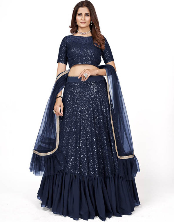 Dark Blue Lehenga style Choli Semi-Stitched Lehenga Choli Salwar Kameez in Embroidery, Sequins & Lace Work