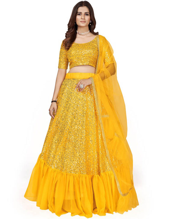 Mikado Yellow Lehenga style Choli Semi-Stitched Lehenga Choli Salwar Kameez in Embroidery, Sequins & Lace Work