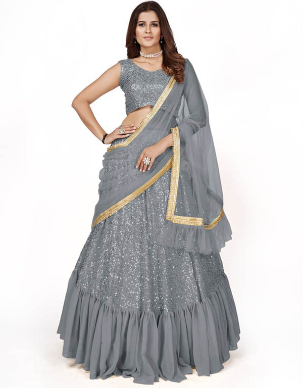 Oslo Grey Lehenga style Choli Semi-Stitched Lehenga Choli Salwar Kameez in Embroidery, Sequins & Lace Work