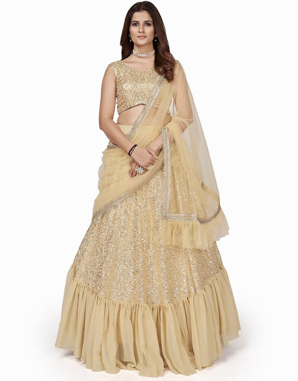 Light Brown Lehenga style Choli Semi-Stitched Lehenga Choli Salwar Kameez in Embroidery, Sequins & Lace Work
