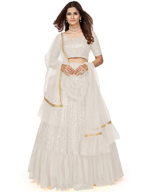 White Lehenga style Choli Semi-Stitched Lehenga Choli Salwar Kameez in Embroidery, Sequins & Lace Work