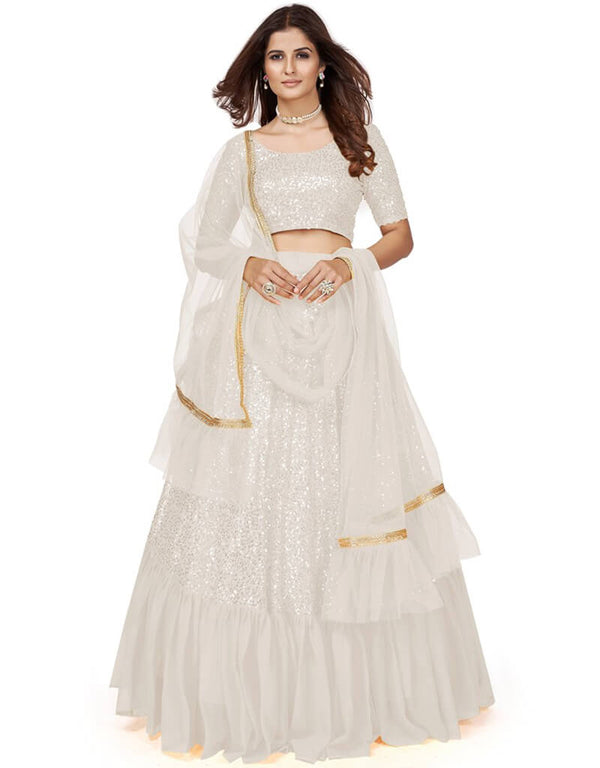 White Lehenga style Choli Semi-Stitched Lehenga Choli Salwar Kameez in Embroidery, Sequins & Lace Work