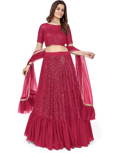 Vivid Burgundy Lehenga style Choli Semi-Stitched Lehenga Choli Salwar Kameez in Embroidery, Sequins & Lace Work