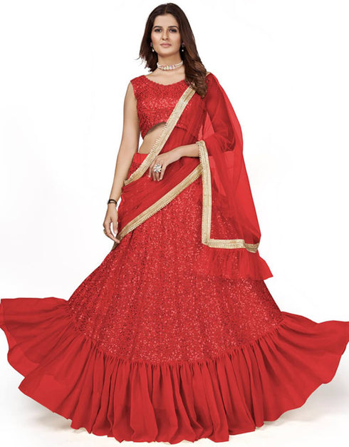 Cornell Red Lehenga style Choli Semi-Stitched Lehenga Choli Salwar Kameez in Embroidery, Sequins & Lace Work