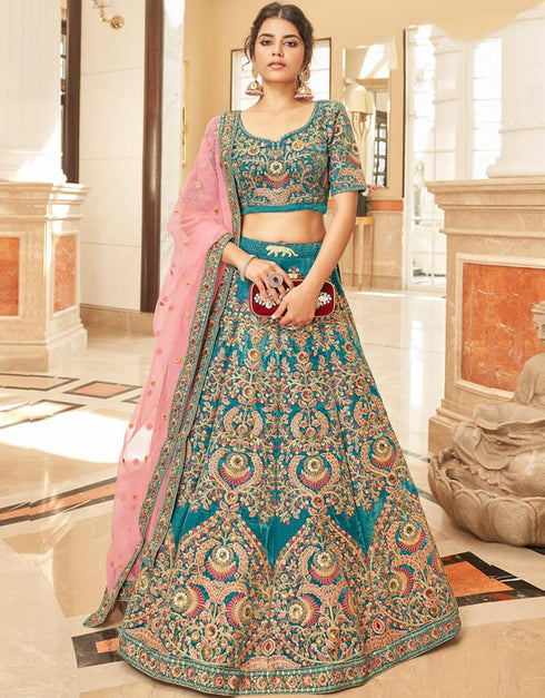 Surfie Green Lehenga style Choli Semi-Stitched Lehenga Choli Salwar Kameez in Embroidery, Sequins, Dori & Lace Work