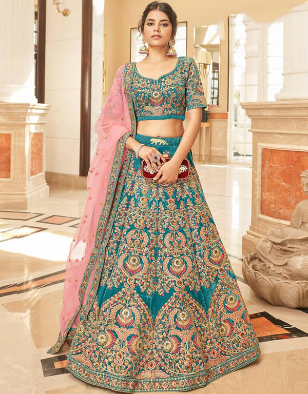 Surfie Green Lehenga style Choli Semi-Stitched Lehenga Choli Salwar Kameez in Embroidery, Sequins, Dori & Lace Work