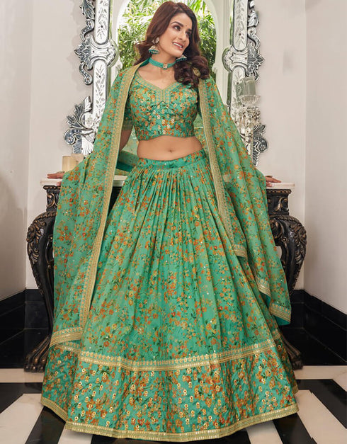 Light Sea Green Lehenga style Choli Semi-Stitched Lehenga Choli Salwar Kameez in Embroidery, Sequins, Dori & Lace Work