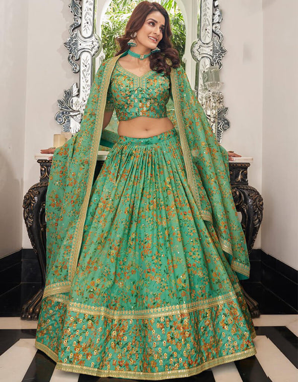 Light Sea Green Lehenga style Choli Semi-Stitched Lehenga Choli Salwar Kameez in Embroidery, Sequins, Dori & Lace Work