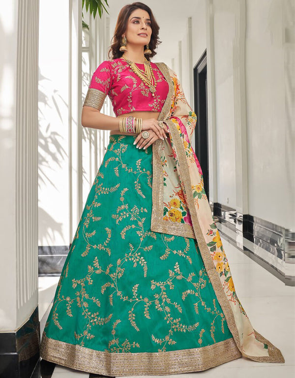 Teal Lehenga style Choli Semi-Stitched Lehenga Choli Salwar Kameez in Embroidery, Sequins, Dori & Lace Work