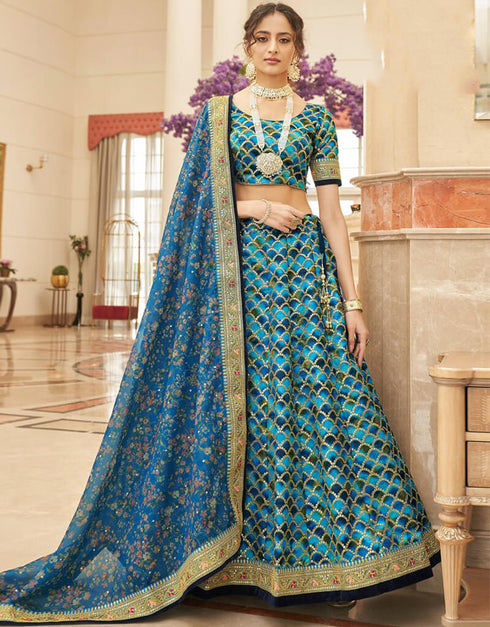 Pacific Blue Lehenga style Choli Semi-Stitched Lehenga Choli Salwar Kameez in Embroidery, Sequins, Dori & Lace Work
