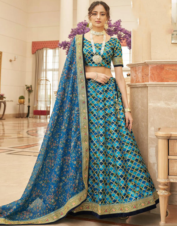 Pacific Blue Lehenga style Choli Semi-Stitched Lehenga Choli Salwar Kameez in Embroidery, Sequins, Dori & Lace Work