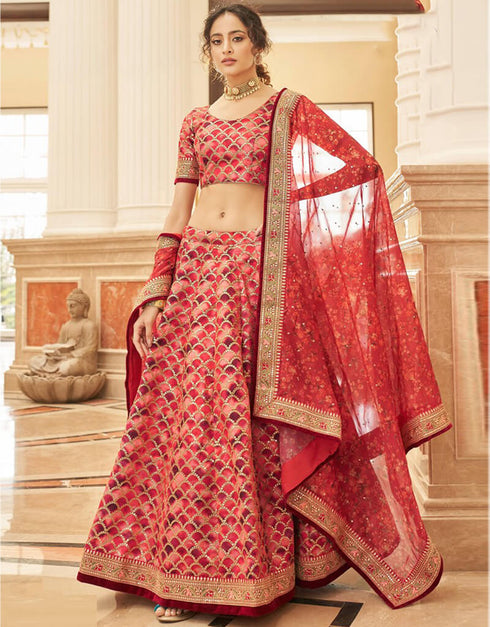 Carmine Pink Lehenga style Choli Semi-Stitched Lehenga Choli Salwar Kameez in Embroidery, Sequins, Dori & Lace Work