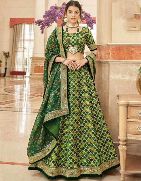 Rifle Green Lehenga style Choli Semi-Stitched Lehenga Choli Salwar Kameez in Embroidery, Sequins, Dori & Lace Work