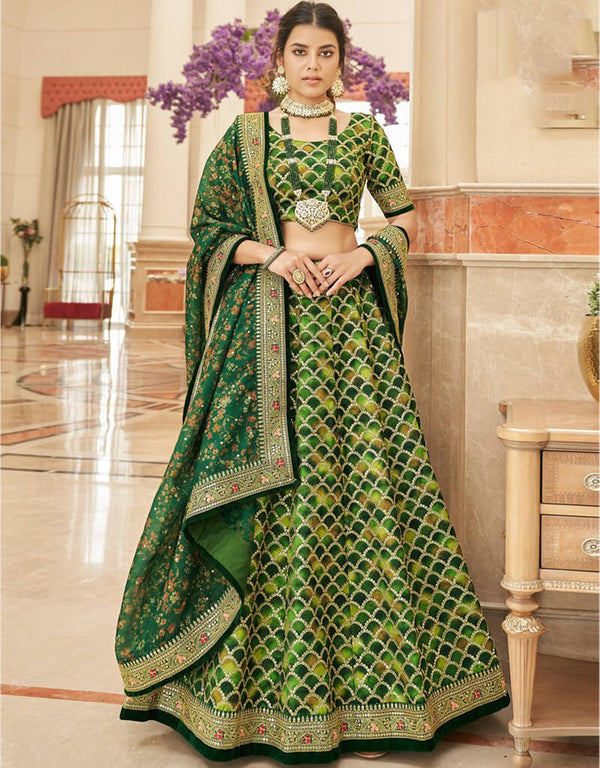 Rifle Green Lehenga style Choli Semi-Stitched Lehenga Choli Salwar Kameez in Embroidery, Sequins, Dori & Lace Work