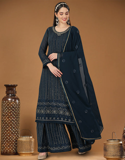 Navy Blue Heavy Georgette Lehenga Straight Closure View